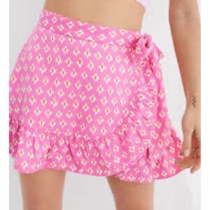 Aerie Pink Geometric Print Ruffle Wrap Mini Skirt  L boho y2k Flowy fairy linen